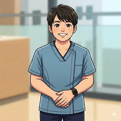 かまむーのXプロフィール画像。青いスクラブを着た人物のイラスト。